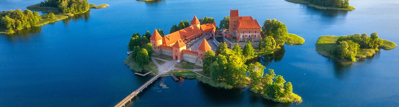 Trakai castle in Lithuania aerial view. Green islands in lake in