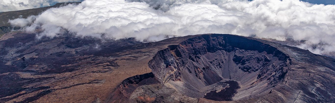 Aerial view of the volcano Piton de la Fournaise at island La Reunion