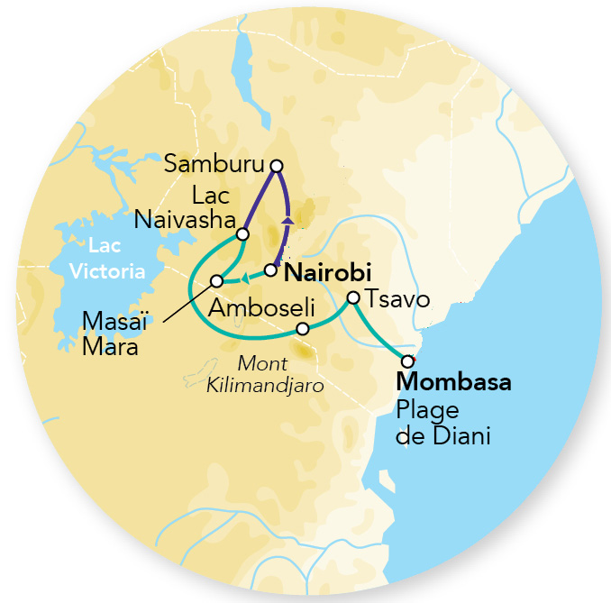 Merveilles du Kenya Mara & Balnéaire Plage de Diani en Rendez-vous sur place 10J/09N – 2026 – Limité à 6 pers./véhicule