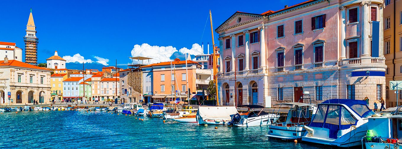 Cityscape of the town of Piran. Sergej Masera Maritime museum building on the right